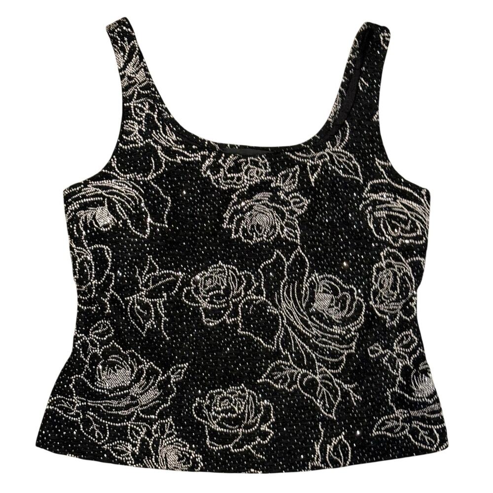 Alex Evenings Beaded Glitter Rose Knit Tank Top Sz Medium M Black Silver Shimmer